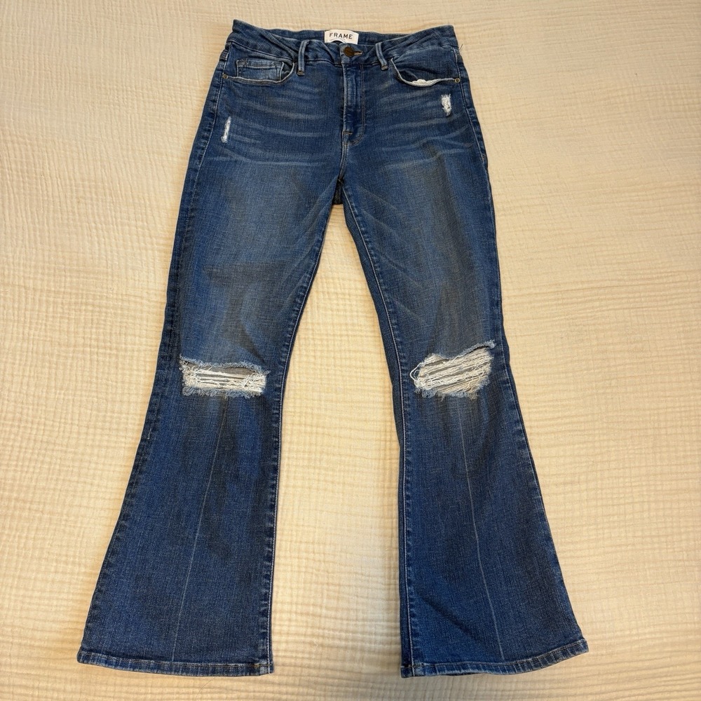 Frame Jeans le Crop Mini Boot Women's Size 27 Distressed Dark Wash Blue Denim